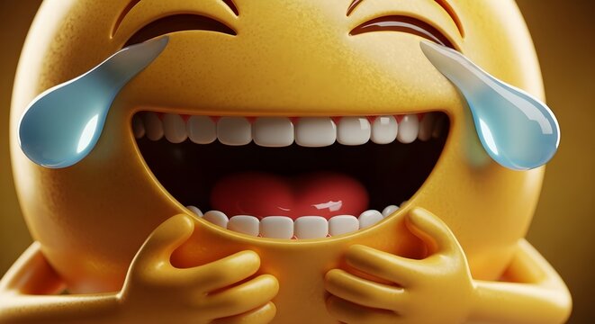 Extreme Close-Up of a Joyful Emoji Crying Tears of Laughter with Gleaming White Teeth