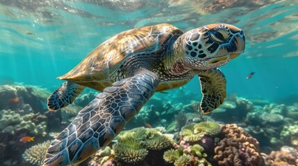 Obraz premium Majestic Sea Turtle in Vibrant Coral Reef