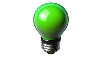 A single bright green incandescent light bulb with a silver base isolated on transparent background