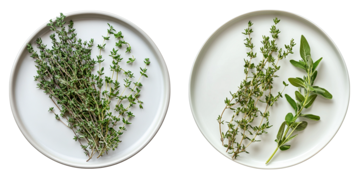 Two plates of herbs, one with thyme and the other with sage