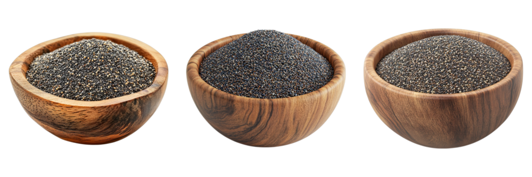 Three bowls of different sizes filled with black pepper