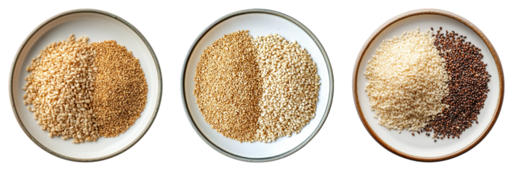 Three bowls of different colored grains are shown
