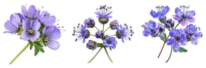 Three flowers of different colors are shown in a row