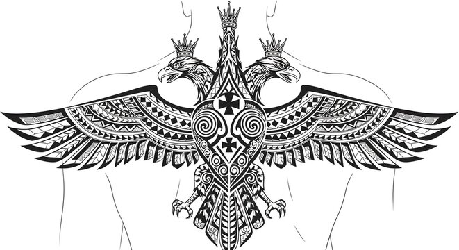 Intricate Tribal Two-Headed Eagle Tattoo Design with Crowns on Shoulders