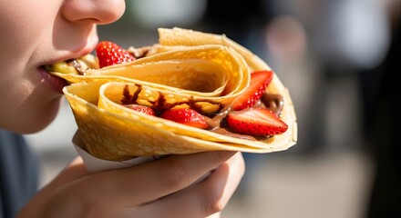 Enjoying Delicious Crepes with Strawberries in a Vibrant Outdoor Market Setting