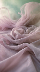 Fototapeta premium cinematic iridescent pastel folds in soft golden light with pink peach baby blue tones dreamy elegant background fabric abstract flowing gentle smooth texture product display wallpaper background