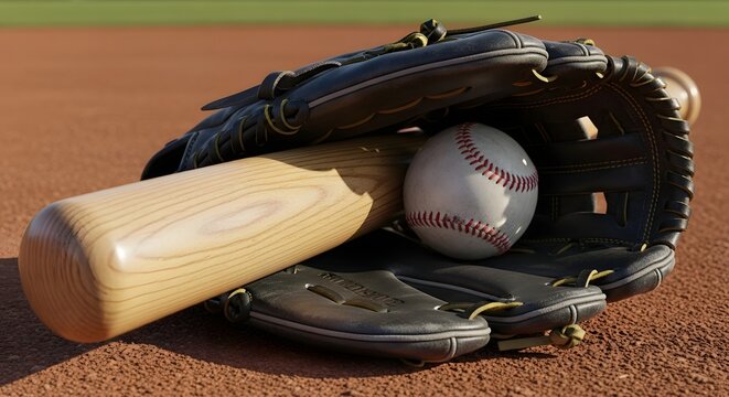Bat and Ball in a Glove on the Field During Warm-up Practice Session
