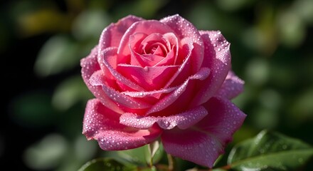 Close-Up Action of Dew-Kissed Pink Rose in Nature, Floral Photography, Vibrant Garden Setting