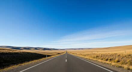 Fototapeta premium A long asphalt road stretches into the distance under a clear blue sky, flanked by dry, grassy fields and distant hills.