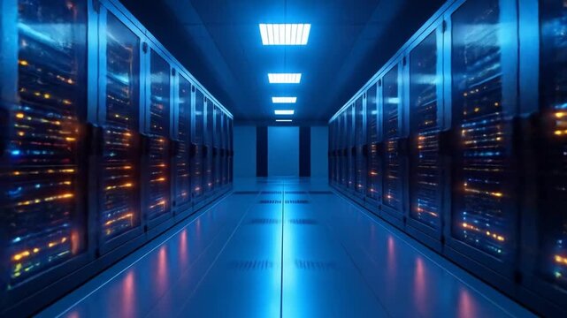 Server Room Interior with Data Racks and Blue Lighting Data Center with Rows of Servers and Network Equipment for Information Storage and Processing