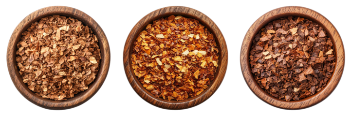 Three bowls of different spices are shown