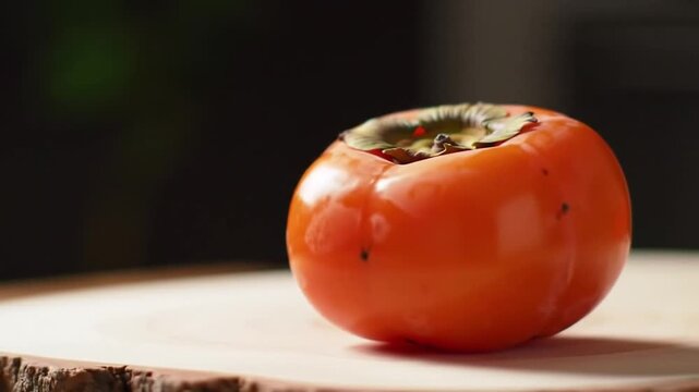 Close up of fresh ripe persimmons on a wooden cutting board