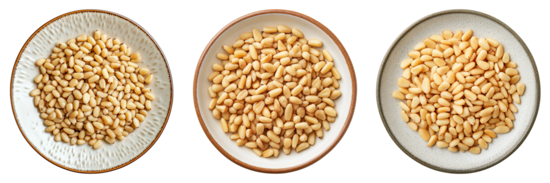 Three bowls of different sizes filled with nuts