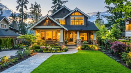 Upscale family home with manicured lawn in a green neighborhood at sunset real estate