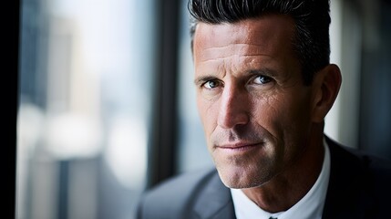 A professional consultant in formal attire, exuding confidence against a blurred office backdrop.