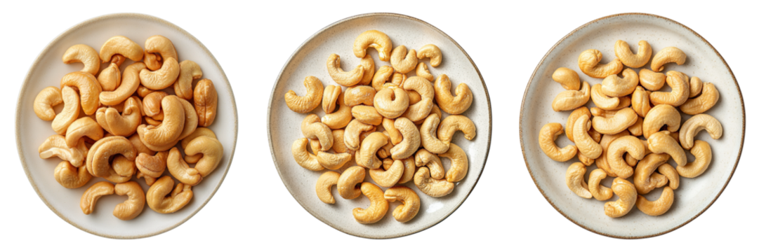 Three plates of nuts are shown, each with a different number of nuts