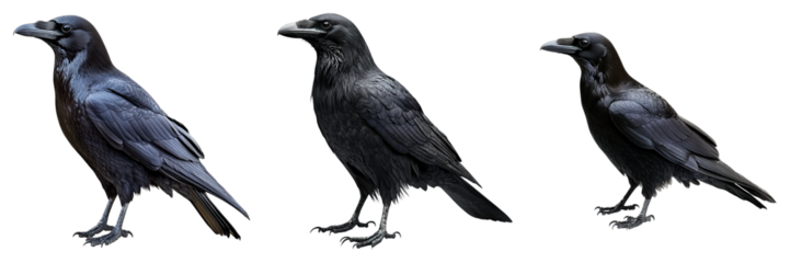 Three black birds standing next to each other