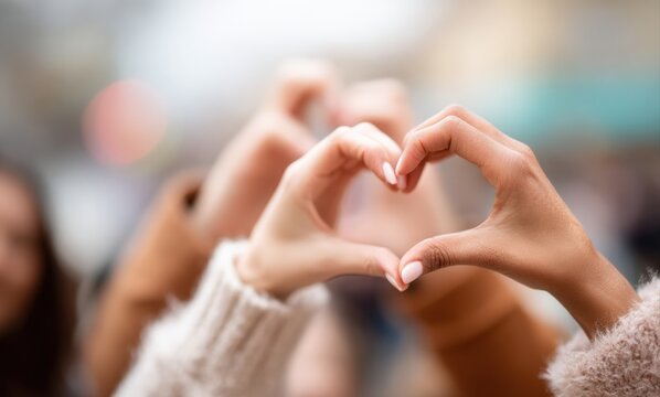 Women joining hands to form a heart shape, representing love, unity, and togetherness in a celebration of friendship and support
