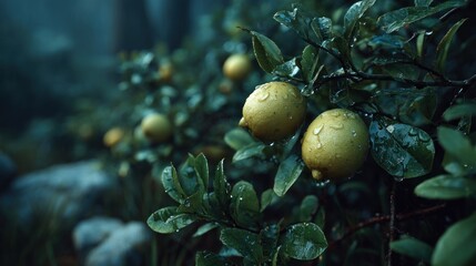 Lemons on a tree after rain, vibrant colors and water droplets close up