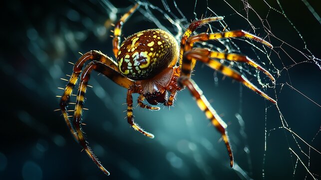 A close up of a spider on its web with a dark background and detailed leg and body markings visible
