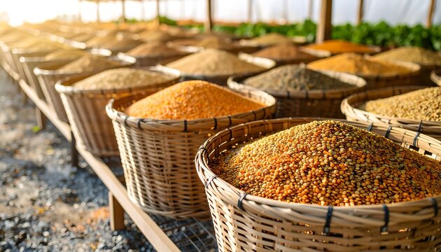 Wicker baskets filled with various dried legumes.