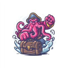 Obraz premium Cartoon octopus pirate clutches treasure chest, set against a cloudy white background