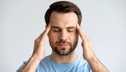 Fototapeta premium Man experiencing headache or stress, holding temples with closed eyes, seeking relief from pain, medical concept