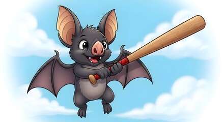 Playful Cartoon Bat Mascot Flying with a Baseball Bat Against a Blue Sky