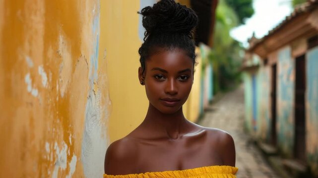 A beautiful young African American woman posing for a street style . She is wearing vibrant, colorful clothes with bright yellow strapless top and gold accessories.