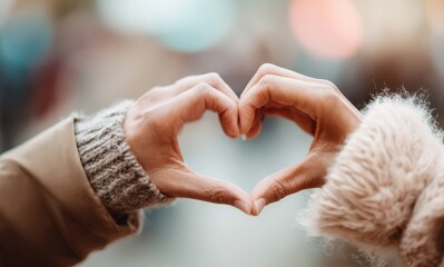 Couple creating a heart shape with their hands outdoors, celebrating love on Valentine's Day or an anniversary with joy and affection