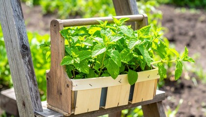 Mint plant growing in a repurposed plastic container, rustic home garden style