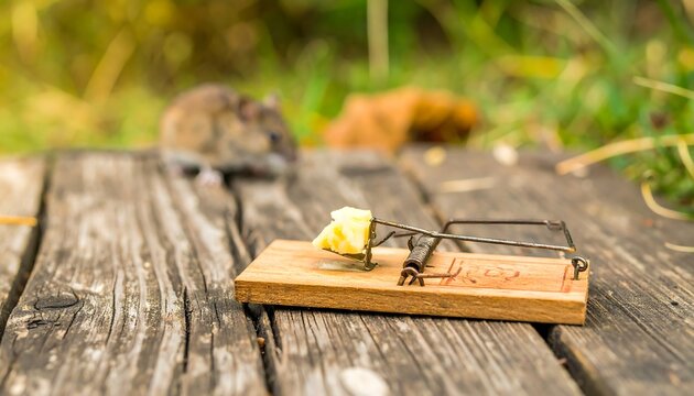 Wooden mouse trap with cheese bait on a weathered wooden surface.