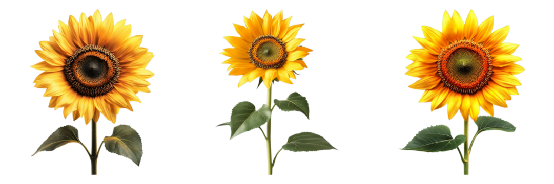 Three sunflowers are shown in different stages of growth