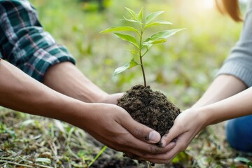 Fototapeta premium Two people holding a small plant with soil in their hands, taking care of nature and environment
