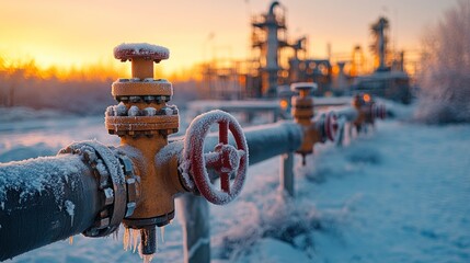 Fototapeta premium Frozen pipeline valves at sunrise