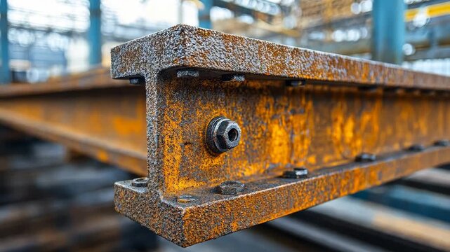 Close-up of rusty steel railway track rail with bolts in an industrial setting