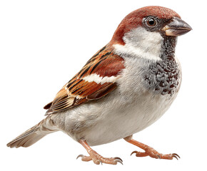 Sparrow bird with brown and white feathers perched on a surface. isolated on transparent background cutout