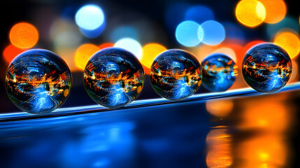 A row of glass marbles displaying a spectrum of colors and patterns on a smooth surface.