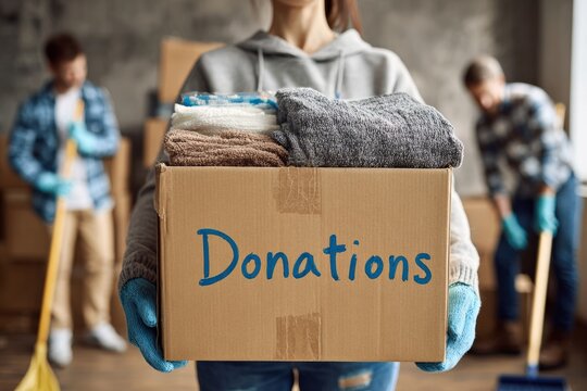 Volunteer holding cardboard box with clothes and other items to donate to a charity, with other volunteers cleaning the warehouse in the background