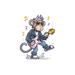 Cartoon monkey in leather jacket plays electric guitar with musical notes around it