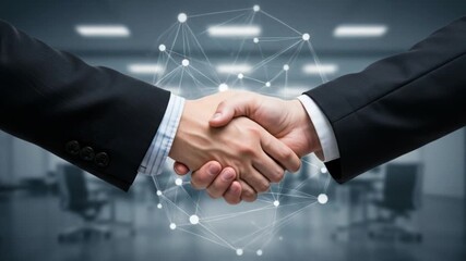 Close up of a firm handshake between two people wearing suits in a modern office setting with network overlay - Powered by Adobe