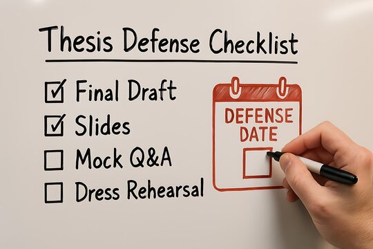A hand marks the date on a thesis defense calendar, completing prep checklist items for graduation.