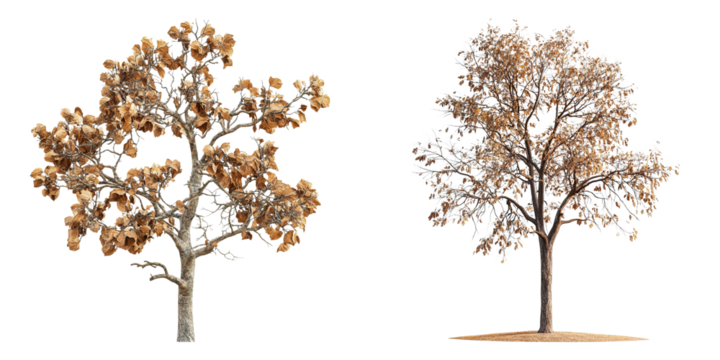 Two trees, one with leaves and one without, are shown side by side