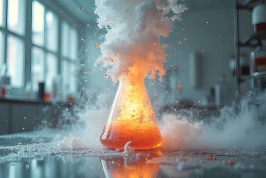 Controlled Explosion in a Laboratory Flask: Dramatic capture of a sudden chemical reaction inside a conical flask, with foam and smoke erupting in a controlled lab environment.