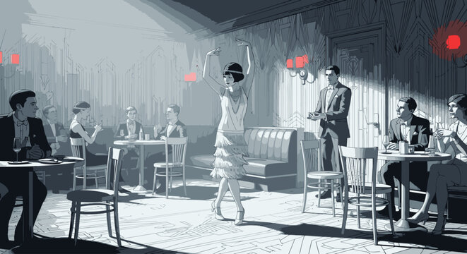 A stylish flapper dances for an audience in a dimly lit, atmospheric 1920s speakeasy club.
