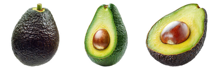 Three avocados are shown, one whole, one cut in half, and one cut in quarters