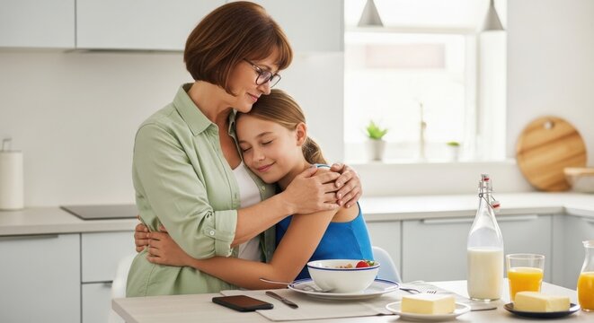Woman hugging a girl in kitchen with breakfast cereal milk and orange juice on the table near the window