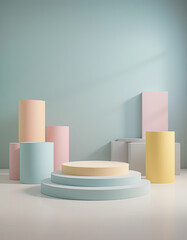 Minimal pastel podiums and cylindrical blocks in modern interior, empty stage platforms for product presentation, clean geometric design, high resolution 3D rendering for creative graphic resources
