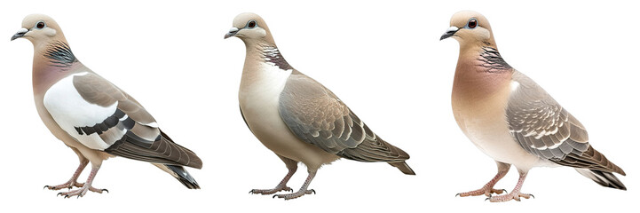 Three birds of the same species are shown in different colors