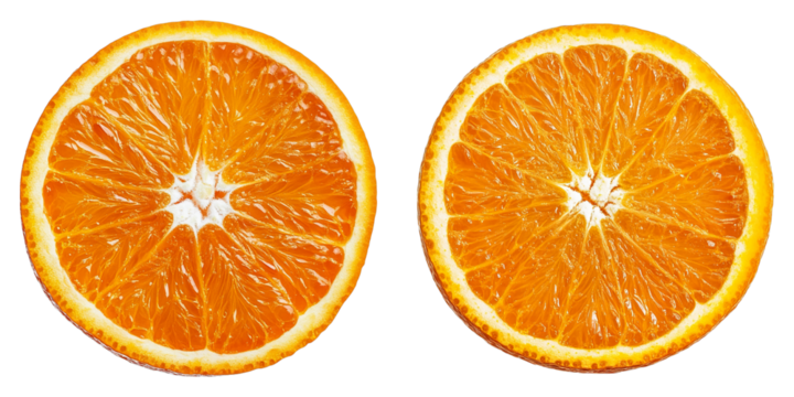 Two oranges are shown, one cut in half and the other whole